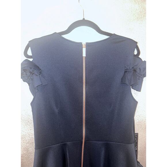 Ted Baker Deneese Black Skater Dress Sz 10 Ruffle Sleeves Pockets Rose Gold Zip - Picture 16 of 16